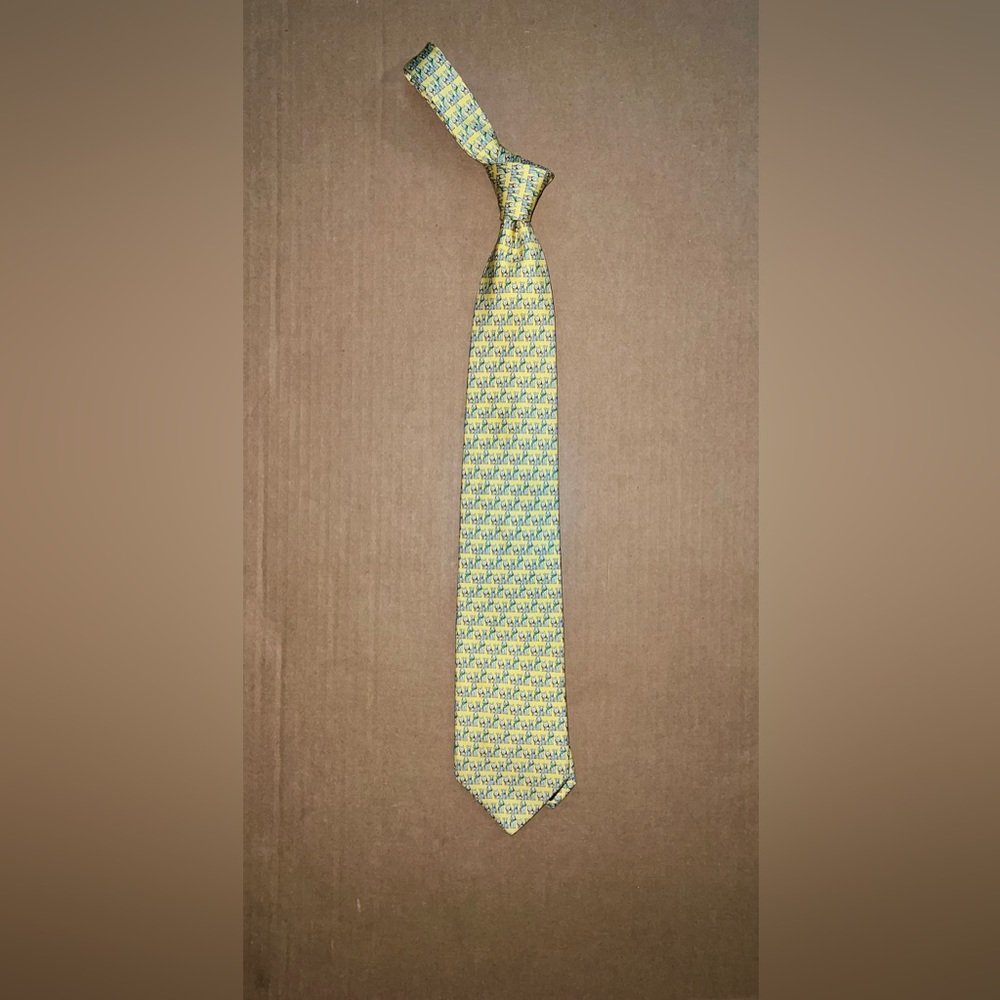 Ferragamo Yellow/White Puppy Print Tie. Made in Italy.